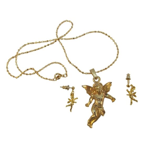 Cherub Angel Pendant Necklace and Matching Pierced Earring Set - Picture 3 of 10
